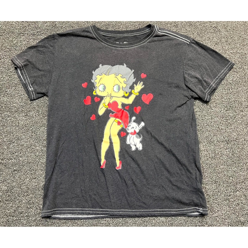 Betty Boop T-Shirt Women M 7-9 Black Vintage Wash Hearts Pudgy Graphic Crew Neck